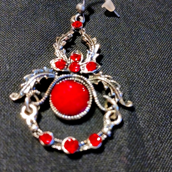 Red and Silver-toned Dangle Earrings - Picture 3 of 6